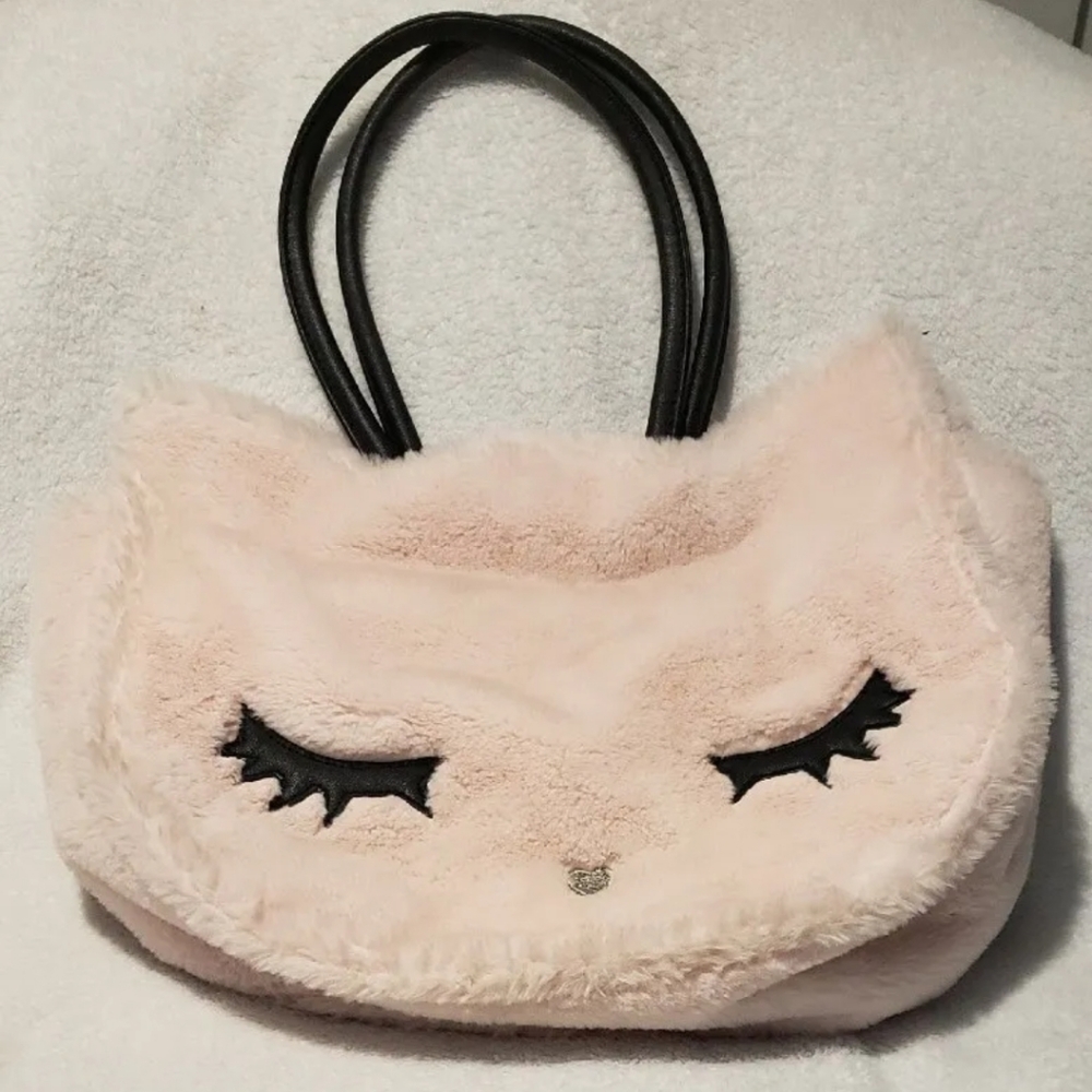 Luv Betsey Betsey Johnson Cat Bag Pale Pink Fuzzy Furry Large Cat Face Sequin